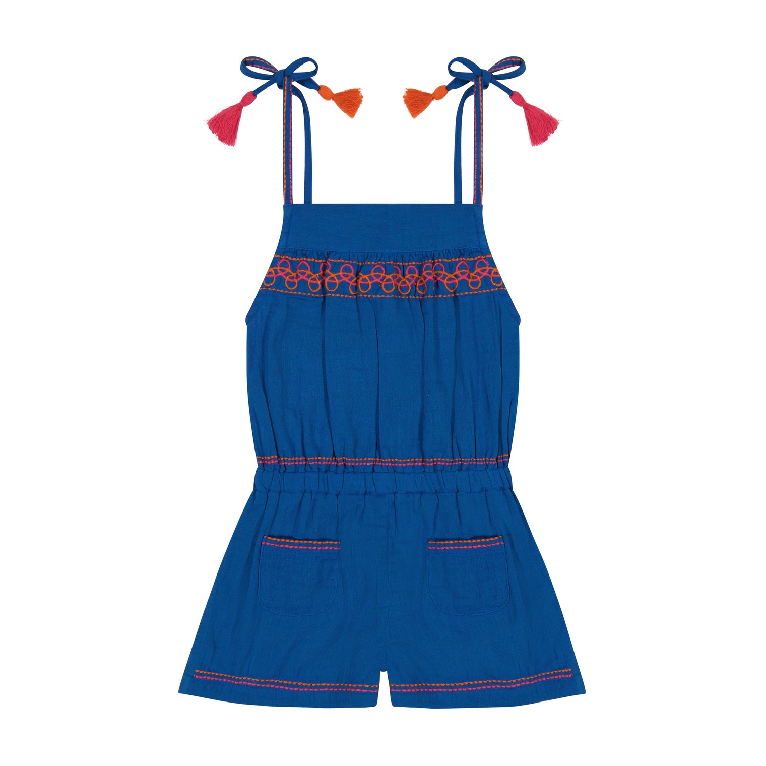 Inez Girls Shoulder Tie Romper Classic Blue Embroidery