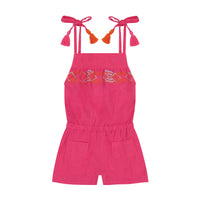 Inez Girls Shoulder Tie Romper Raspberry Embroidery
