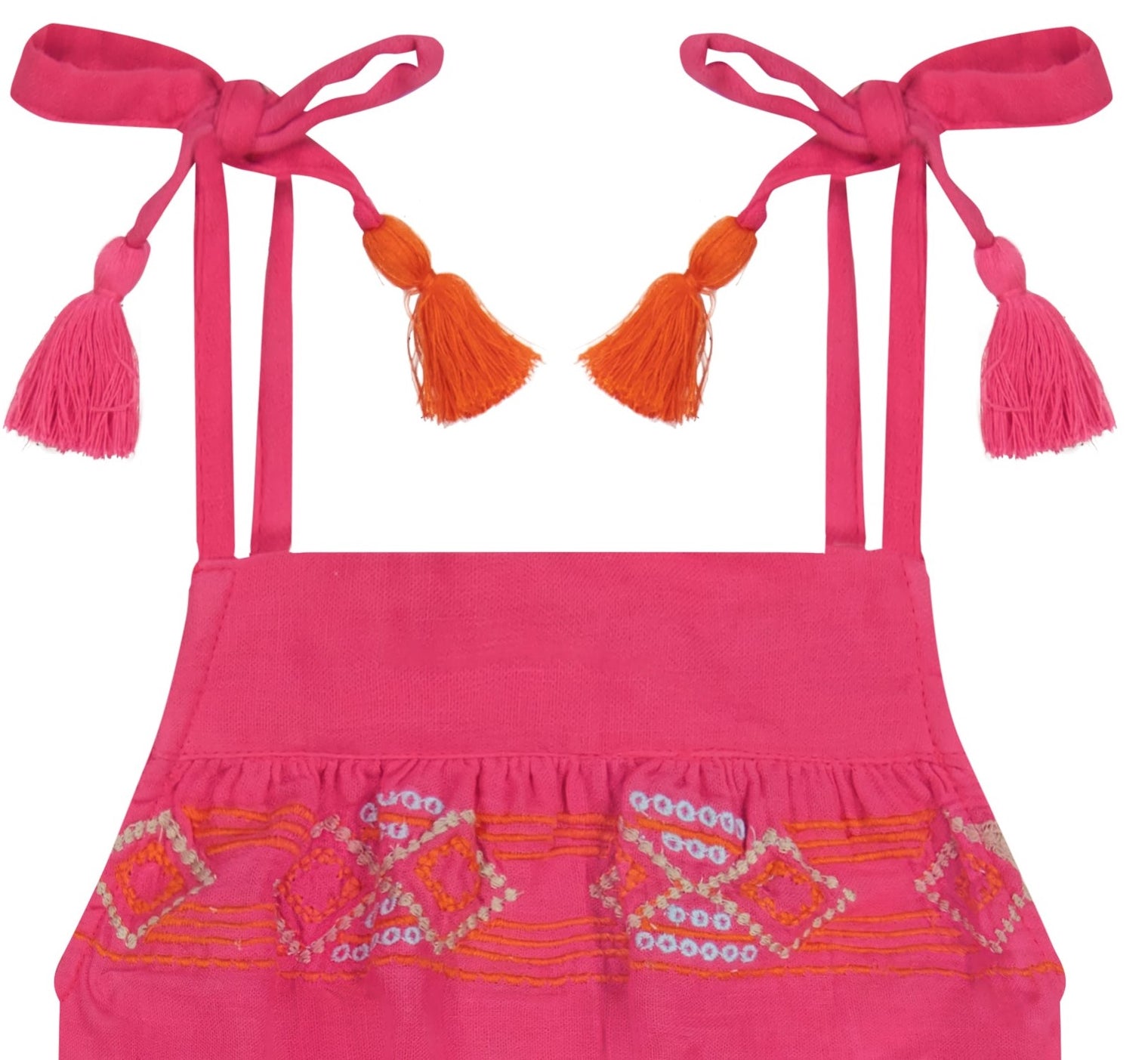 Inez Girls Shoulder Tie Romper Raspberry Embroidery