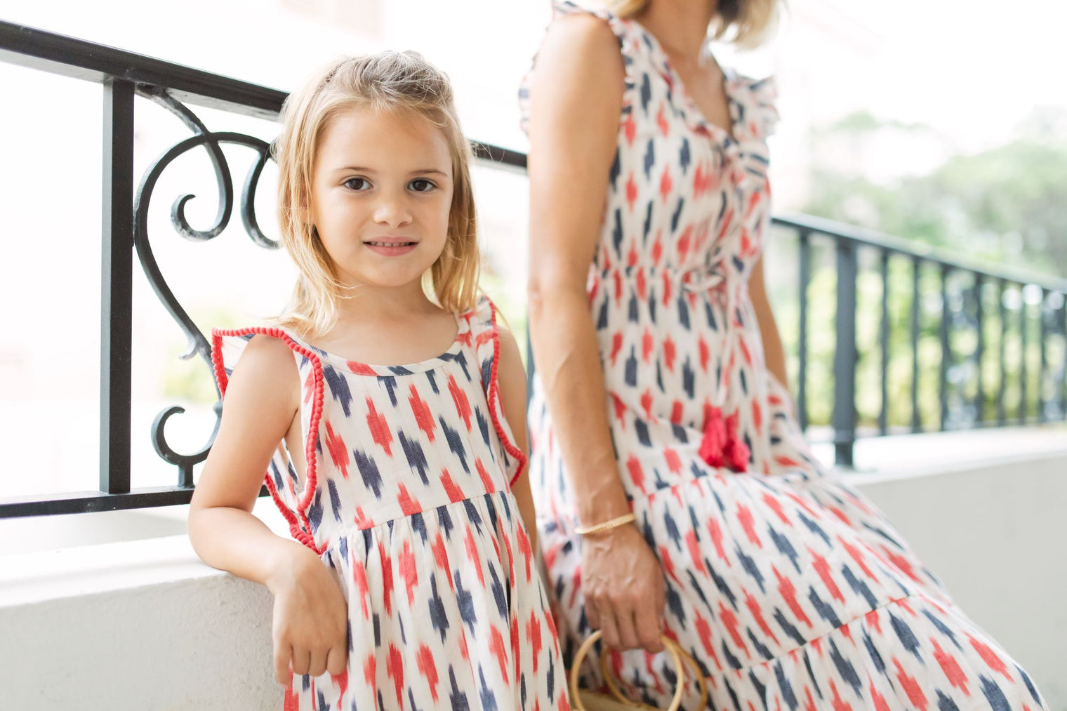 Daphne Girl's Flutter Sleeve Dress Cream Red Navy Ikat