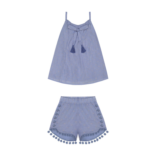 Colette Girl's Top And Short Set Blue Stripe Swiss Dot- final sale