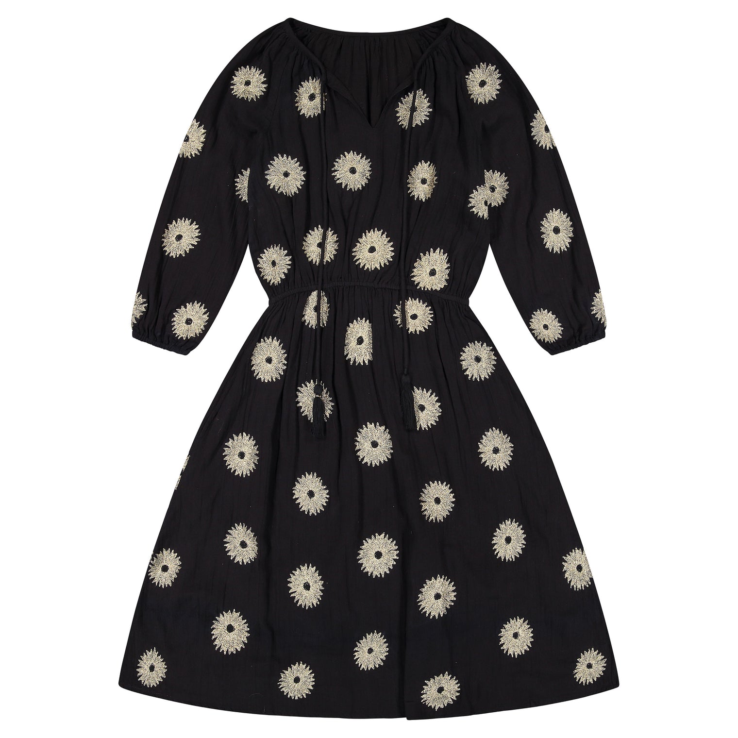 Solange Women's Popover Dress Black with Gold Embroidery