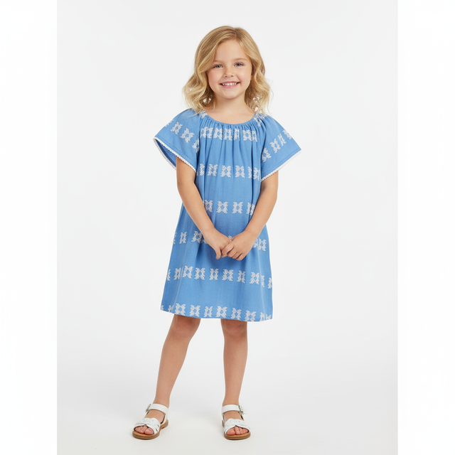 Mini Capucine Girls Caftan Sky White Embroidery