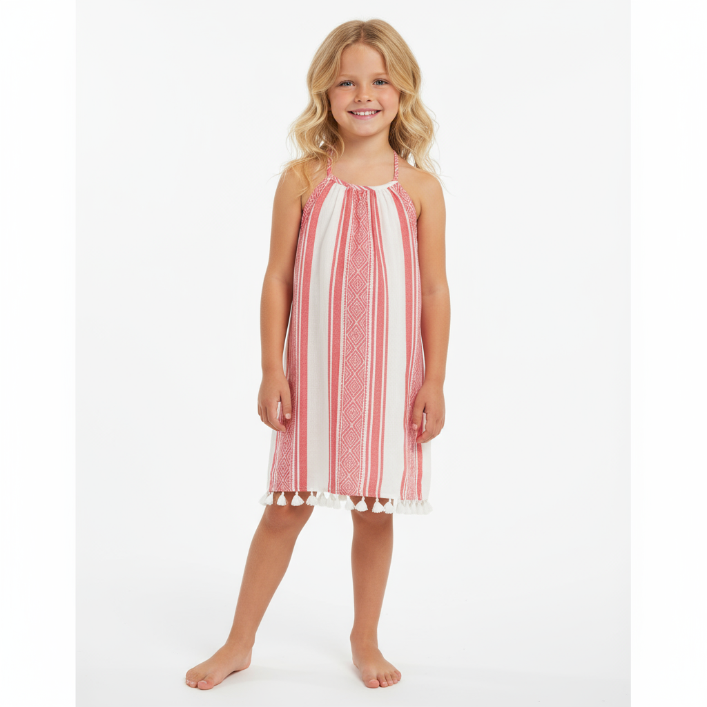 Mini Chantal Girls Dress Red Dobby Stripe