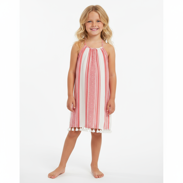 Mini Chantal Girls Dress Red Dobby Stripe
