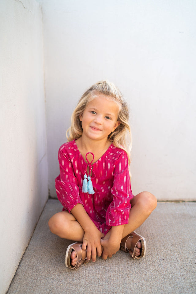 Sara Girl's Popover Dress Fuchsia Ikat