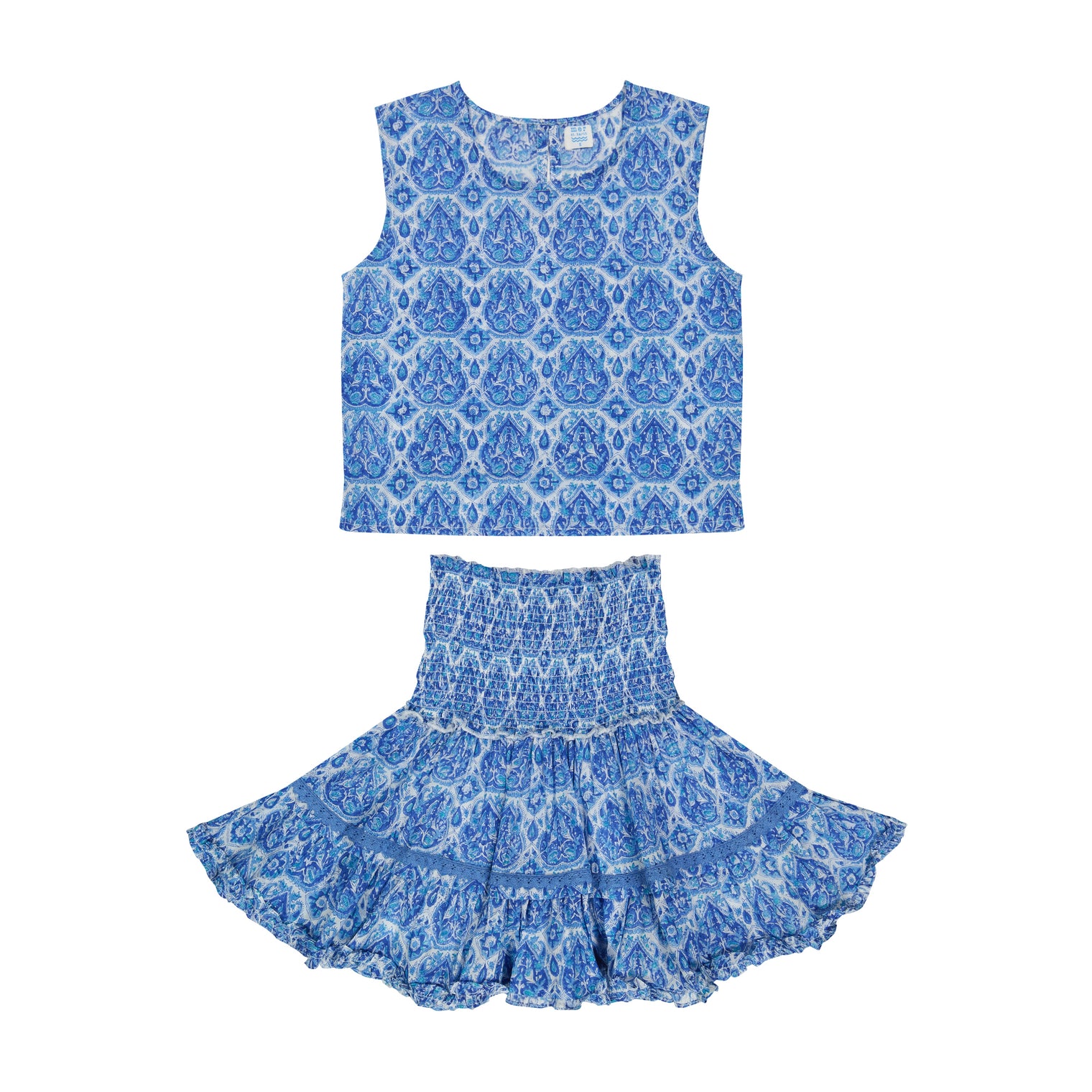 Maribel Cropped Women's Tank and Skirt Set Blue Paisley