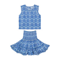 Maribel Cropped Women's Tank and Skirt Set Blue Paisley