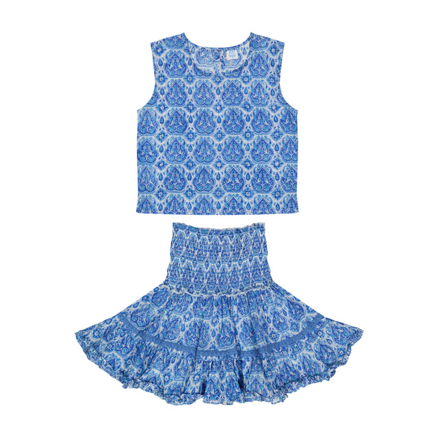 Maribel Cropped Women's Tank and Skirt Set Blue Paisley
