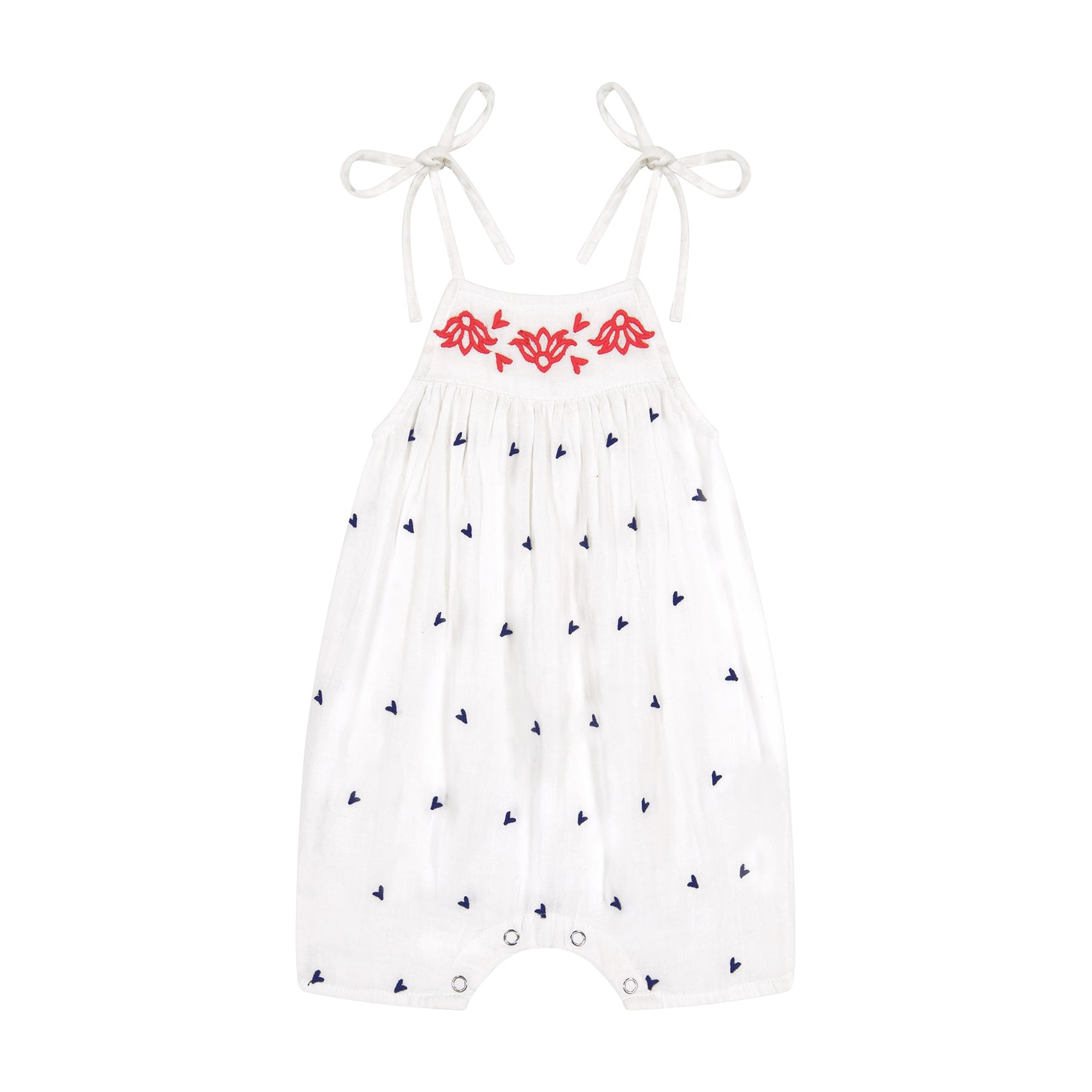 Marley Shoulder Tie Baby Romper Red White Navy Embroidery