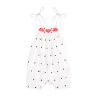 Marley Shoulder Tie Baby Romper Red White Navy Embroidery