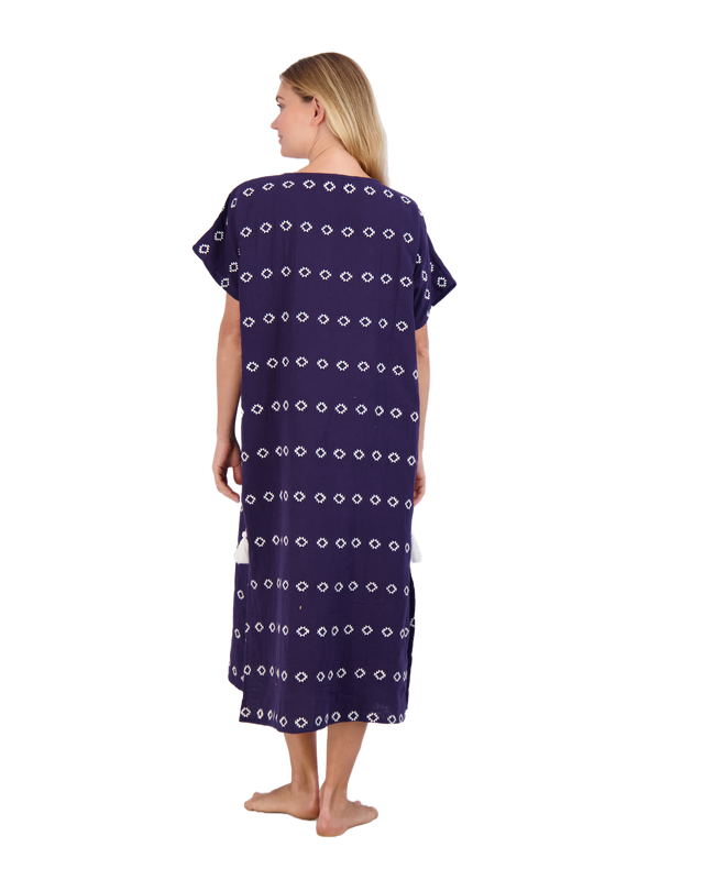 Capucine Women's Maxi Caftan Dress Navy Embroidery