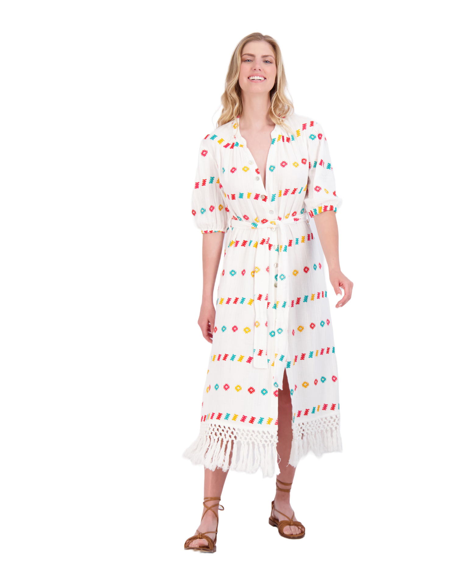 Estelle Women's Fringed Shirtdress White Embroidery