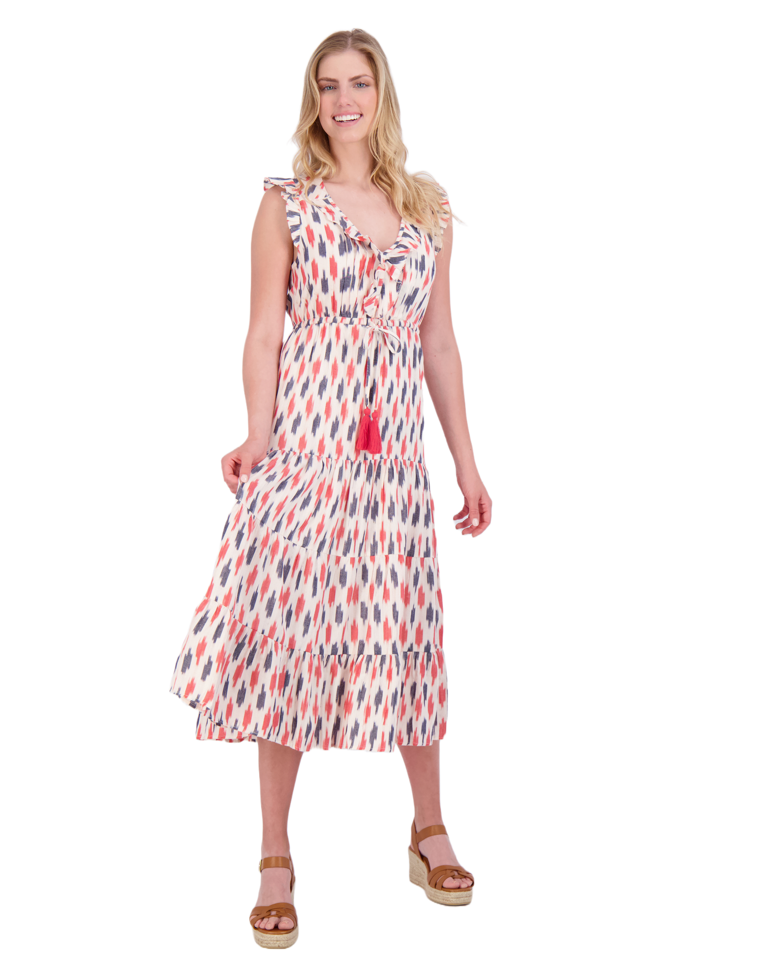 Giselle Women's Maxi Dress Cream Red Navy Ikat