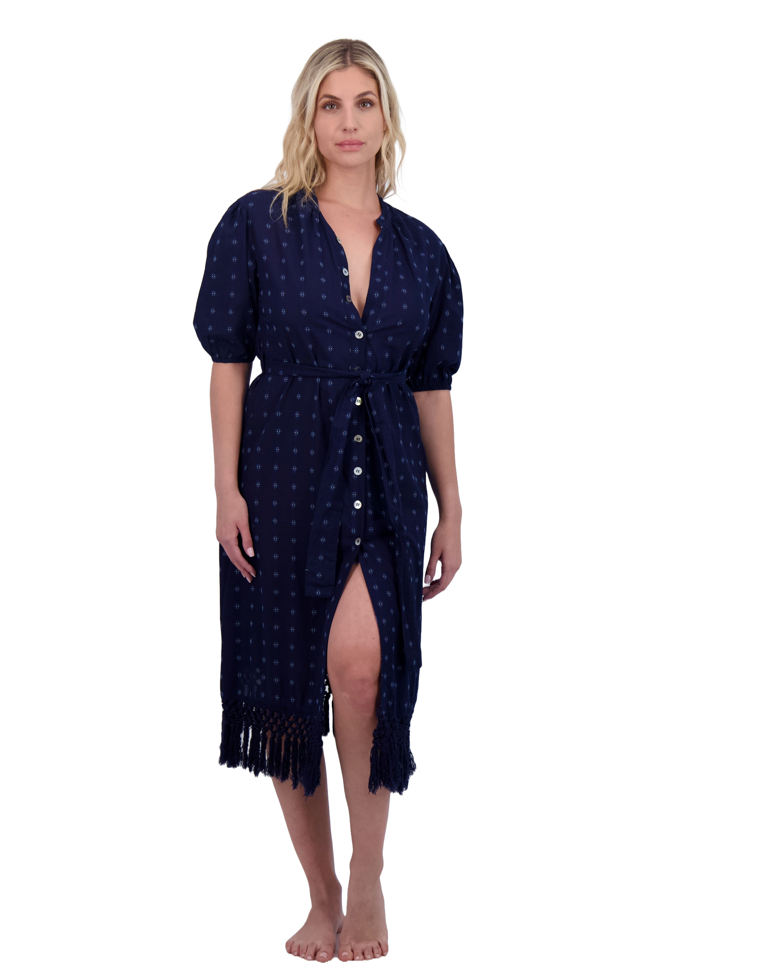 Estelle Women's Fringed Shirtdress Navy Turquoise Swiss Dot