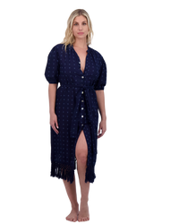 Estelle Women's Fringed Shirtdress Navy Turquoise Swiss Dot