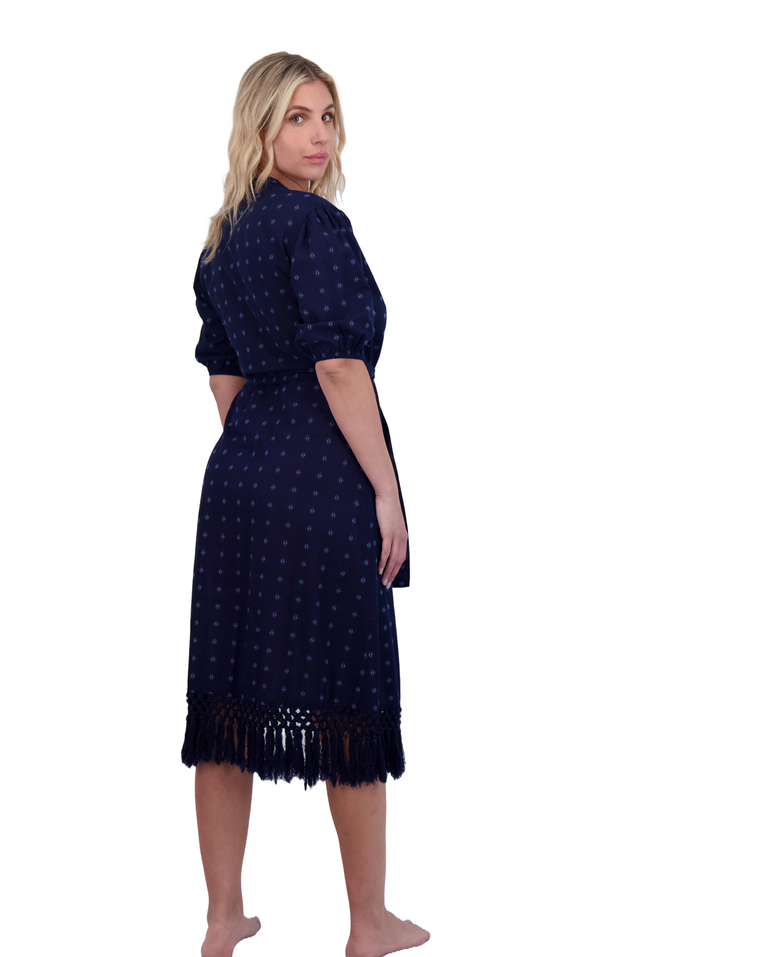 Estelle Women's Fringed Shirtdress Navy Turquoise Swiss Dot