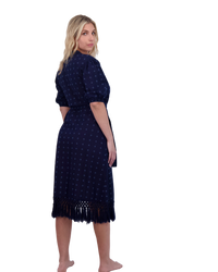 Estelle Women's Fringed Shirtdress Navy Turquoise Swiss Dot