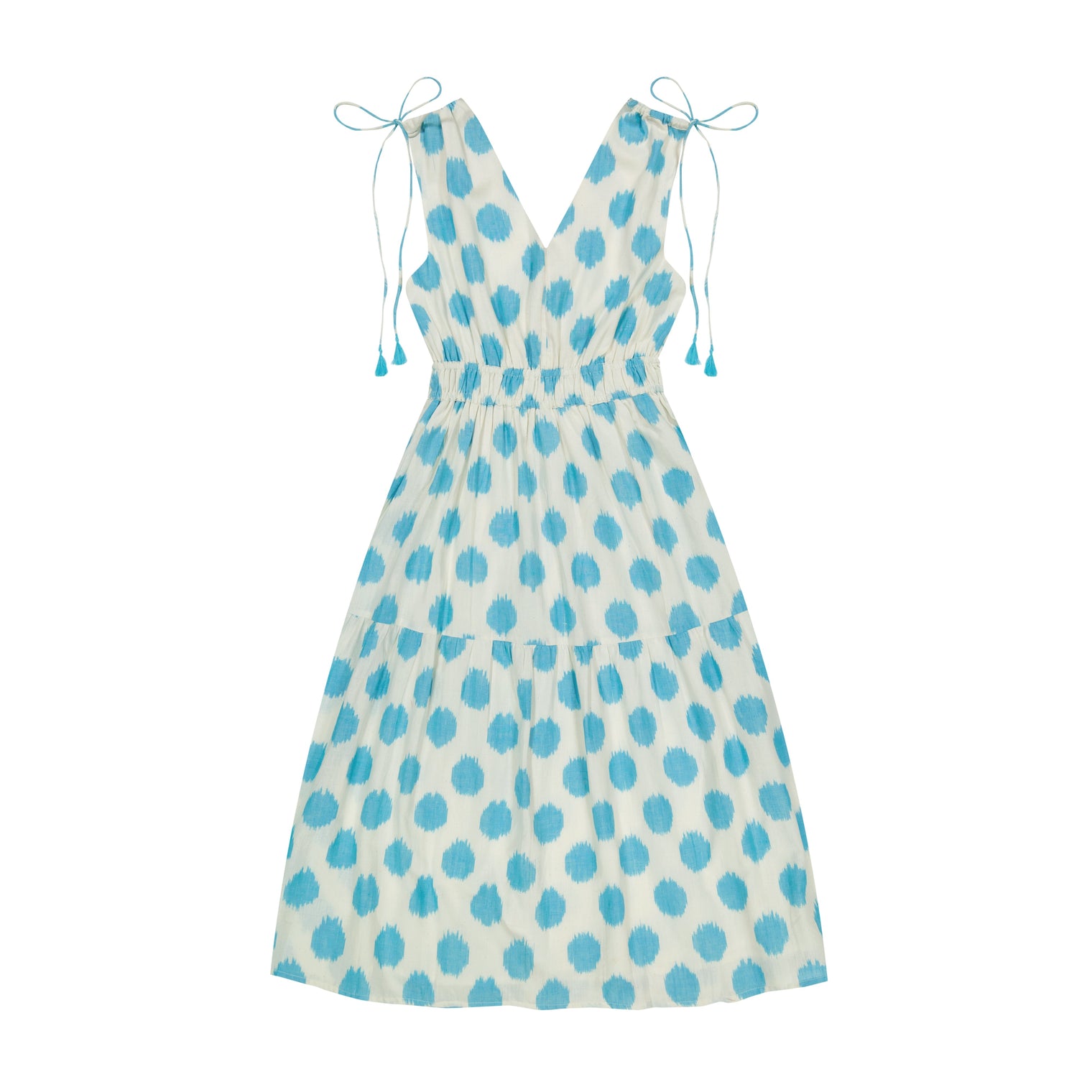 Noemie Women's Ruched Shoulder Tie Maxi Dress Cream Aqua Ikat