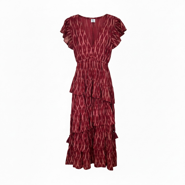 Mer St Barth Mica Women's Tiered Maxi Dress Bordeaux Ikat
