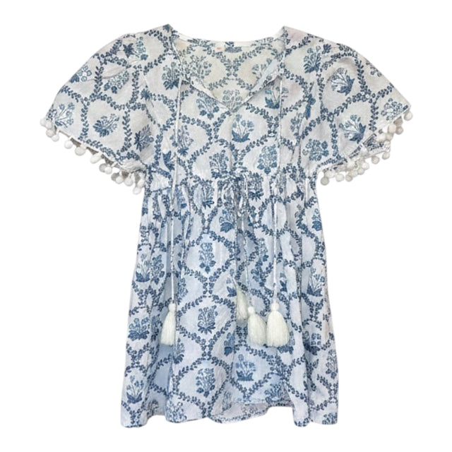 Mer St Barth Margaux Girls' Flutter Sleeve Dress Blue Trellis