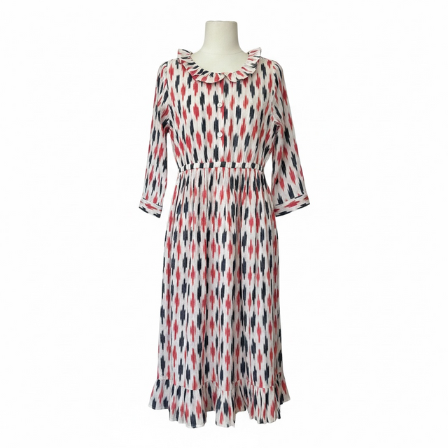 Mer St Barth Brigitte Women's Ruffle Neck Shirtdress Red Navy Cream Ikat