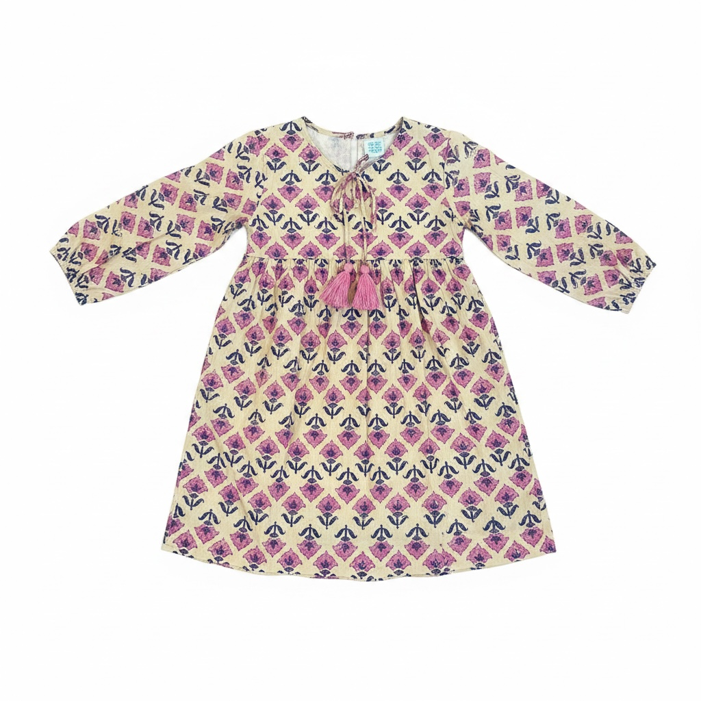 Sara Girls Popover Dress Beige Pink Floral