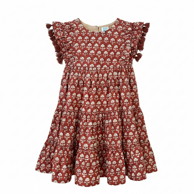 Mer St Barth Sophie Girls' Tassel Dress Red Floral Blockprint