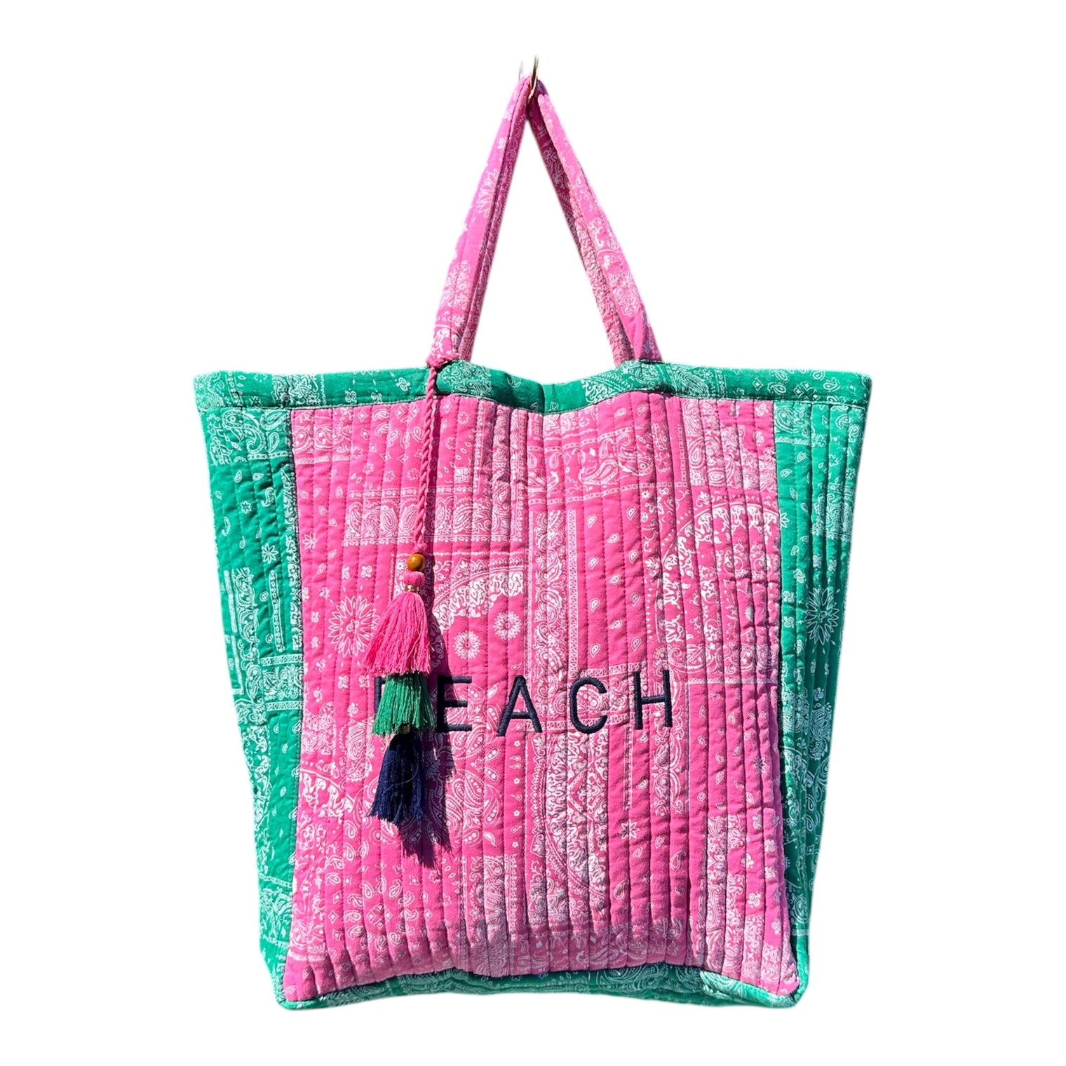 Mer St Barth Saline Beach Tote Patchwork Bandana Pink Green "Beach"