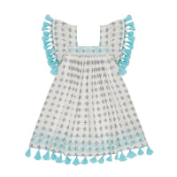 Serena Girls Tassel Dress Navy Aqua Dobby