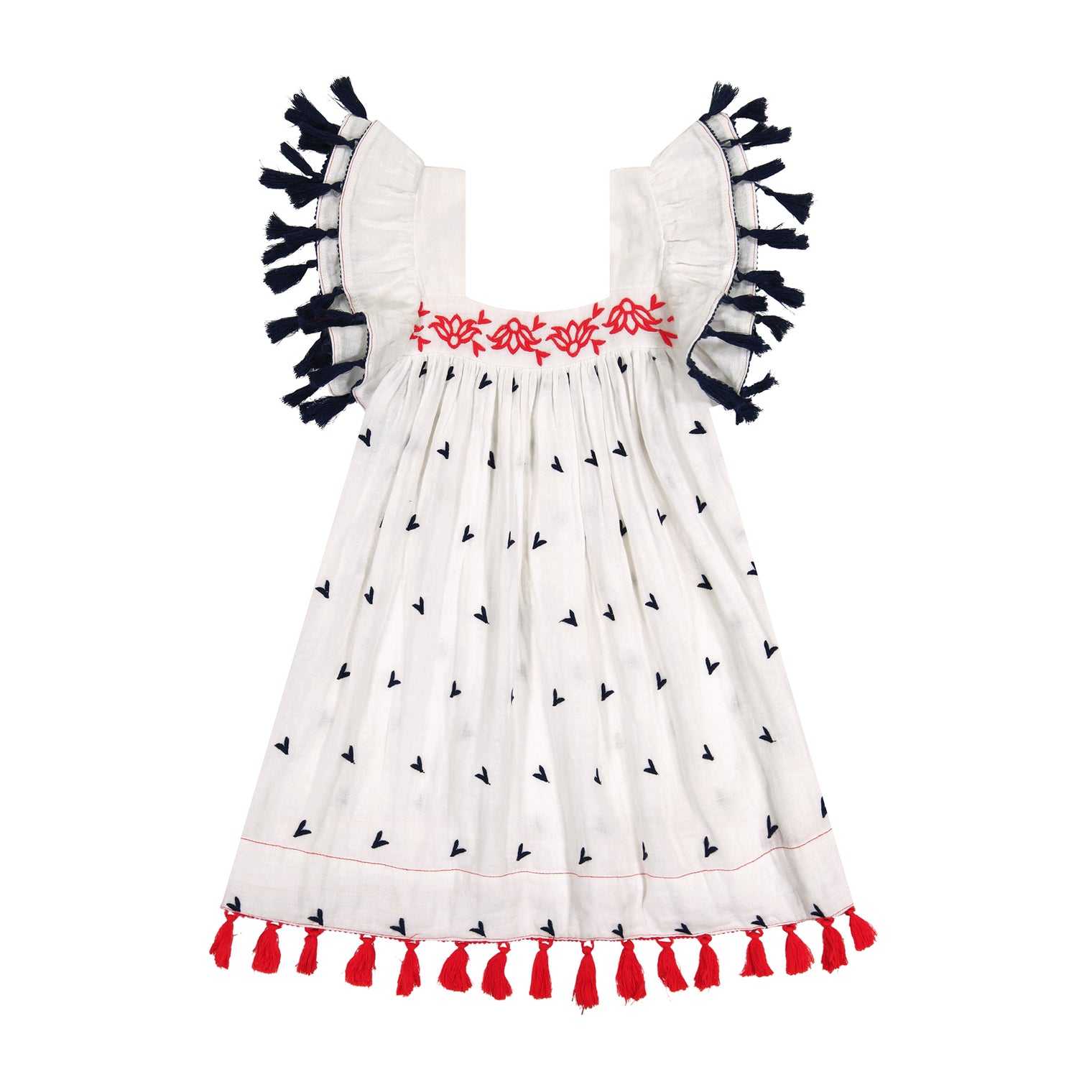 Serena Girl's Tassel Dress Red White Navy Embroidery