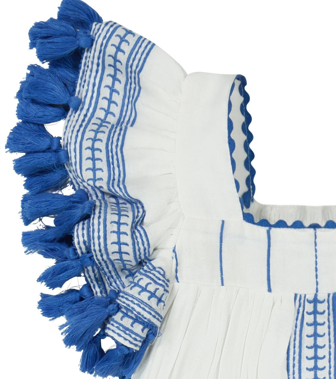 Serena Girl's Tassel Dress White Lapis Blue Embroidery