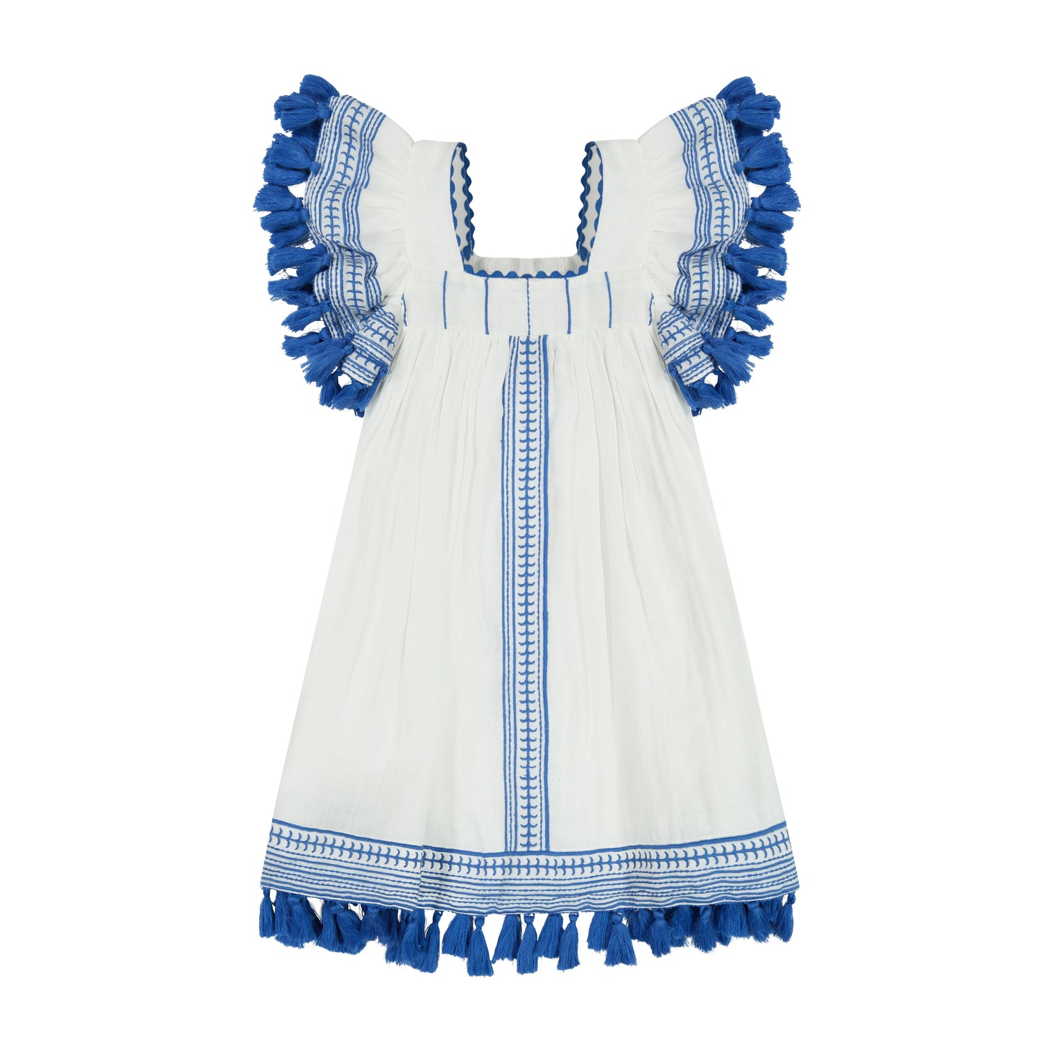 Serena Girl's Tassel Dress White Lapis Blue Embroidery