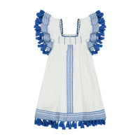 Serena Girl's Tassel Dress White Lapis Blue Embroidery