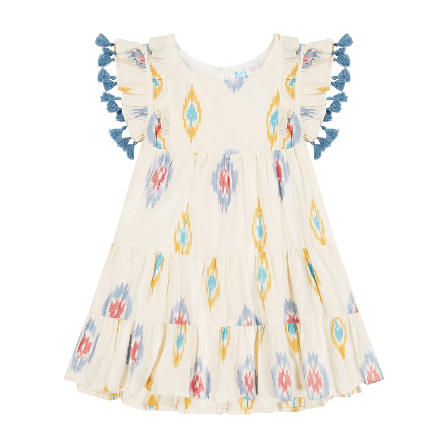 Sophie Girl's Tassel Dress Gold Blue Ikat