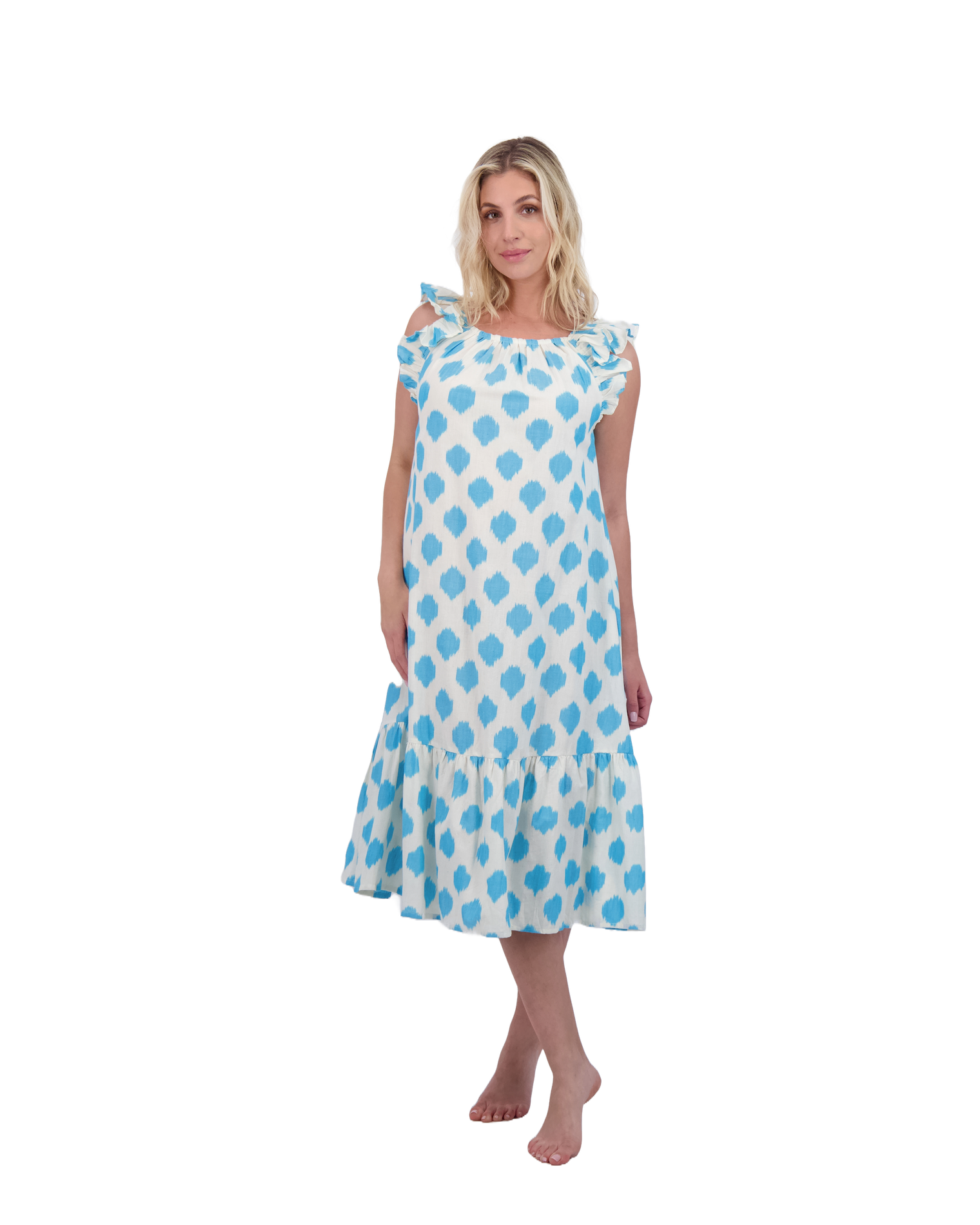 Eva Women's Ruffle Sundress Cream Aqua Ikat