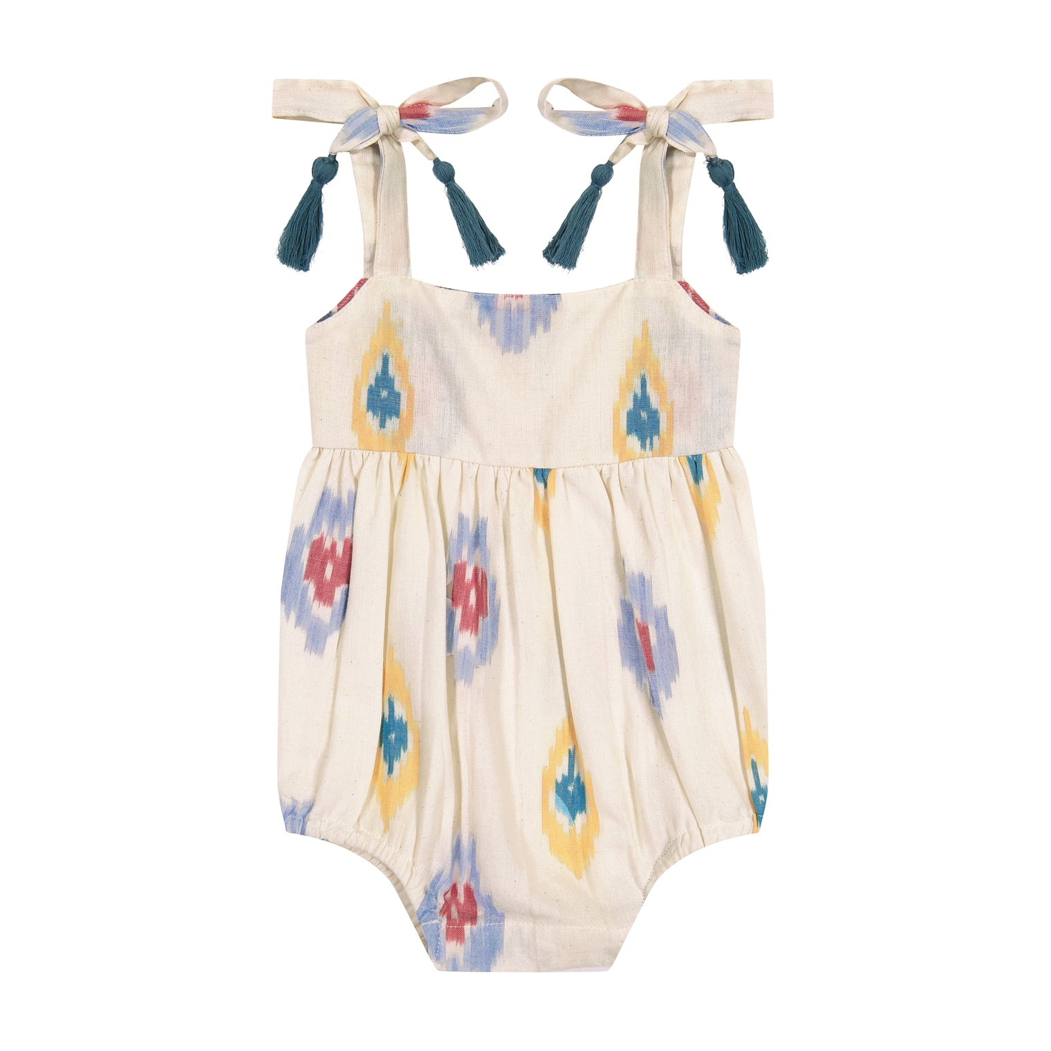 Zoe Shoulder Tie Baby Romper Gold Blue Ikat