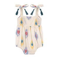 Zoe Shoulder Tie Baby Romper Gold Blue Ikat