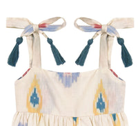 Zoe Shoulder Tie Baby Romper Gold Blue Ikat