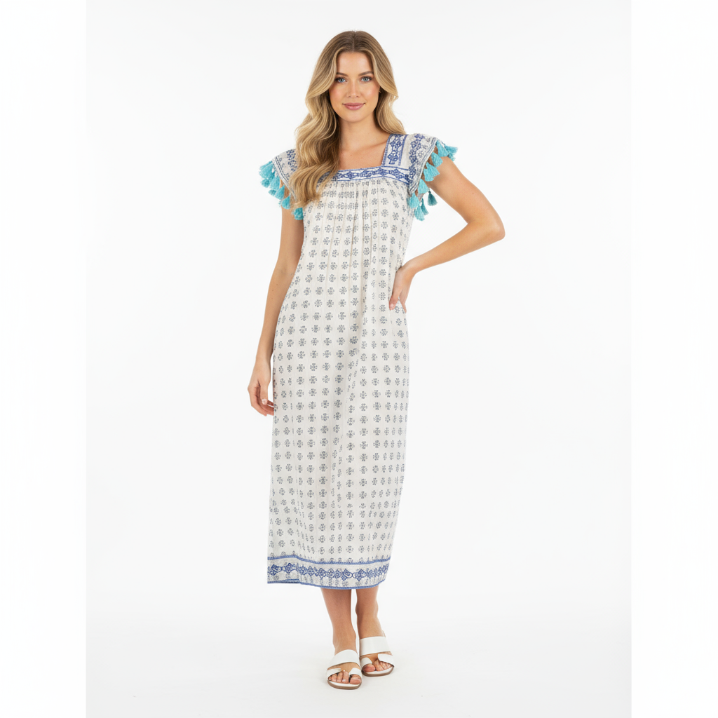 Maxi Sandrine Womens Dress Navy Aqua Dobby Embroidery