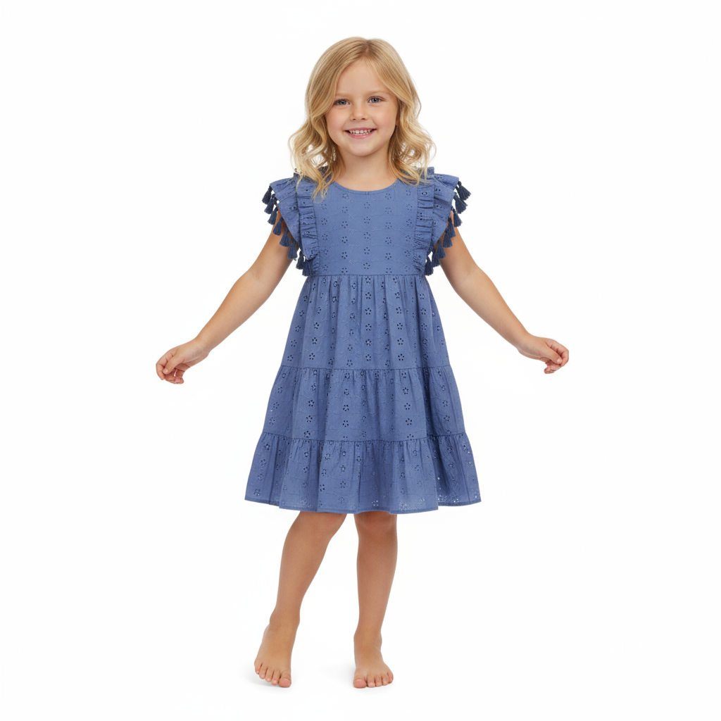 Sophie Girls Tassel Dress Ocean Blue Eyelet