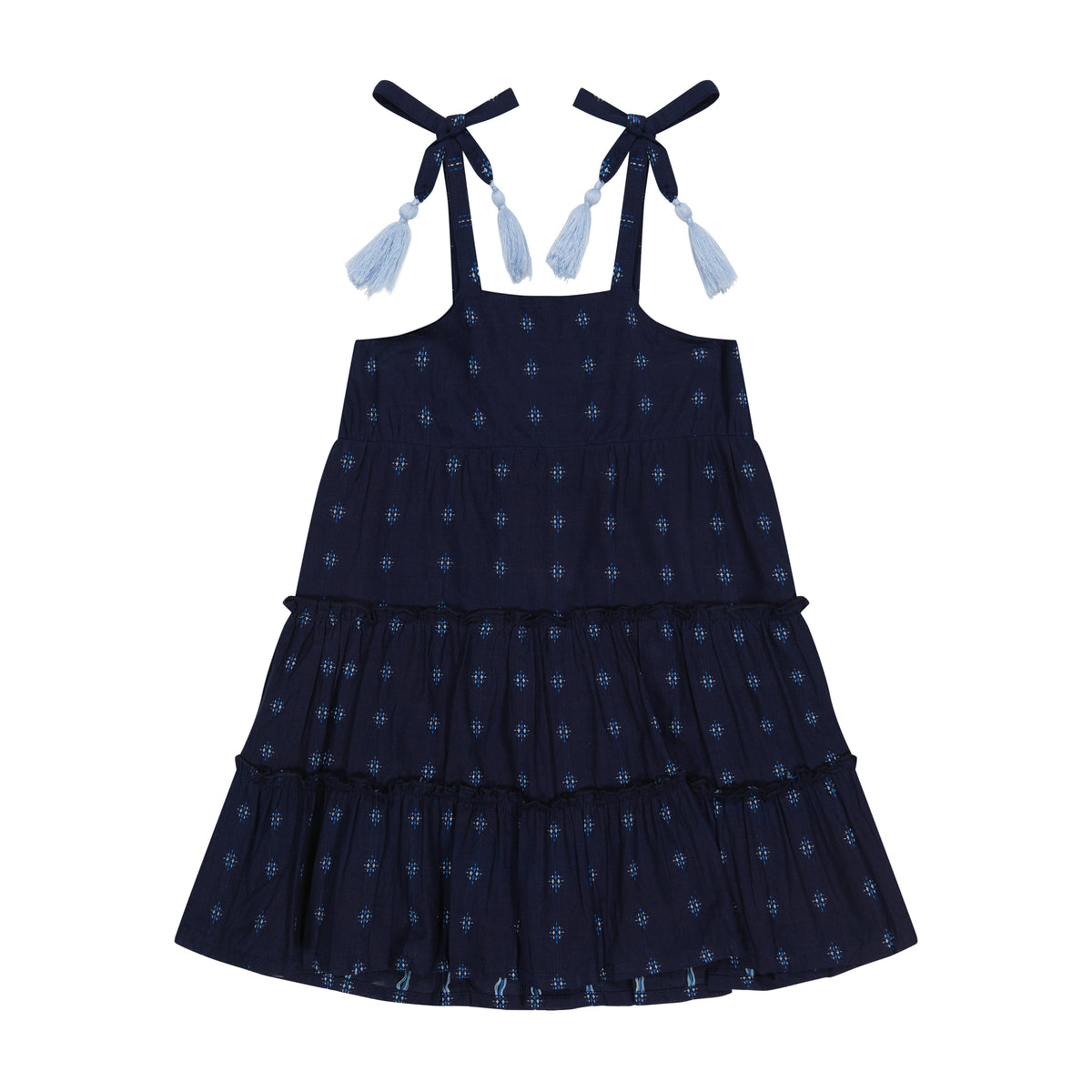 Mer St Barth Bella Girls' Shoulder Tie Sundress Navy Turquoise Swiss Dot