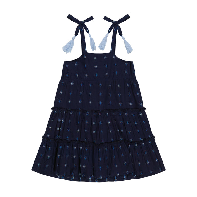 Mer St Barth Bella Girls' Shoulder Tie Sundress Navy Turquoise Swiss Dot