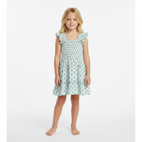 Mini Paloma Girl's Dress Aqua Floral Block Print