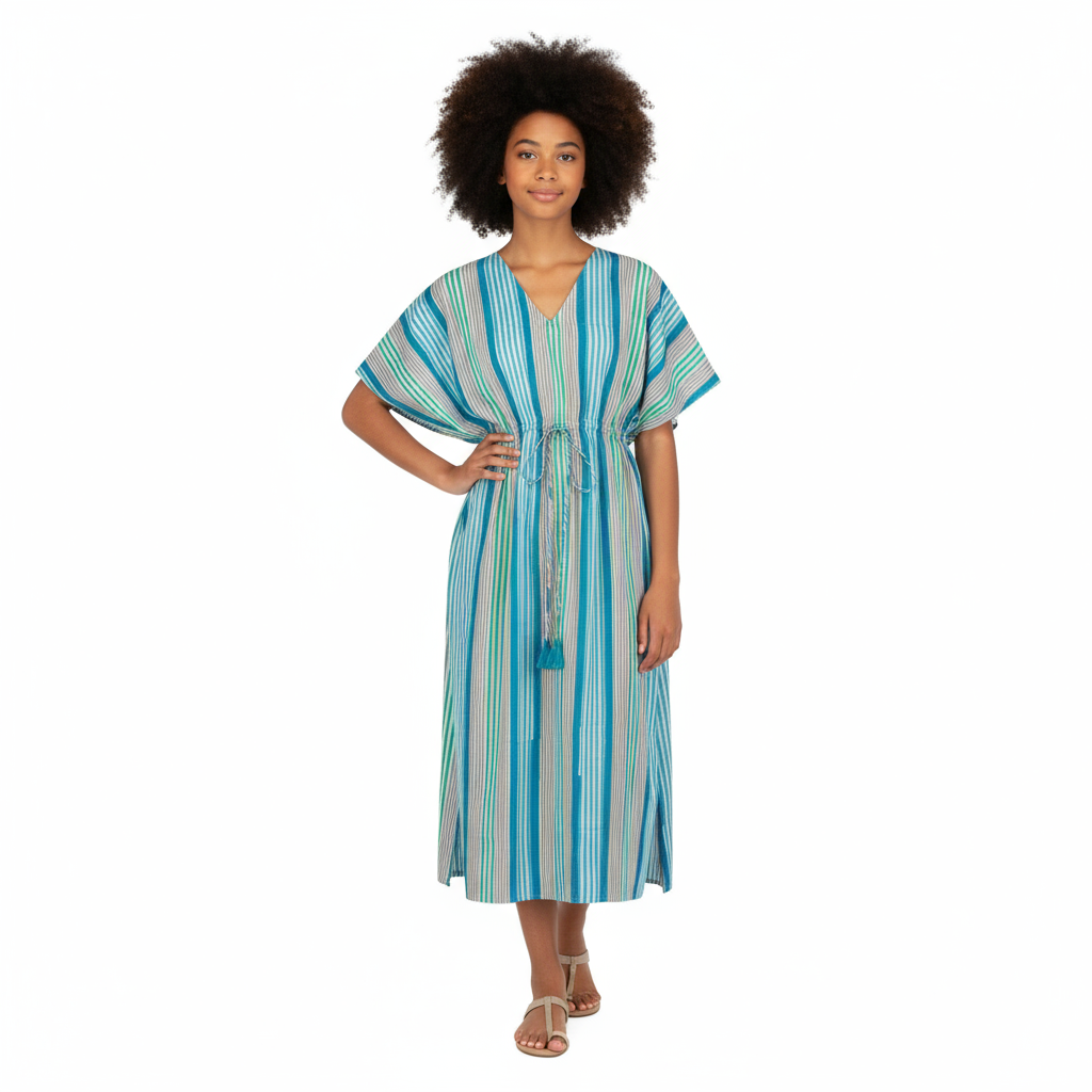 Mer St Barth Delphine Women's Kaftan Green Multi Stripe