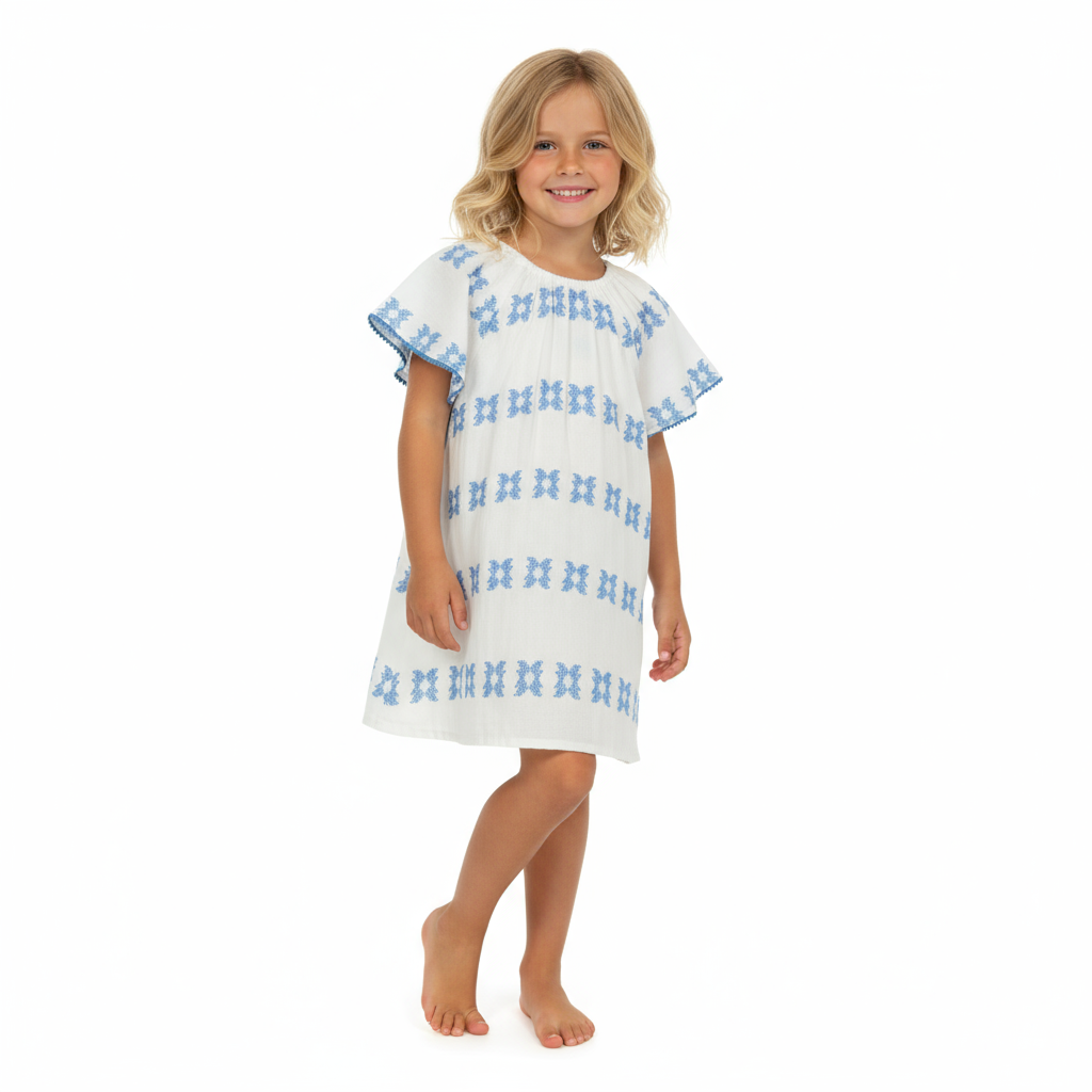 Mini Capucine Girl's Caftan Blue Embroidery