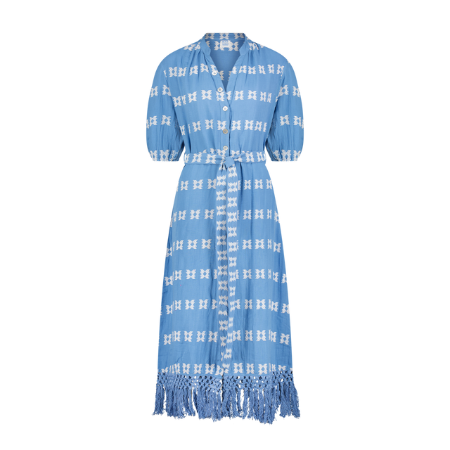 Mer St Barth Estelle Women's Fringed Shirtdress Sky White Embroidery