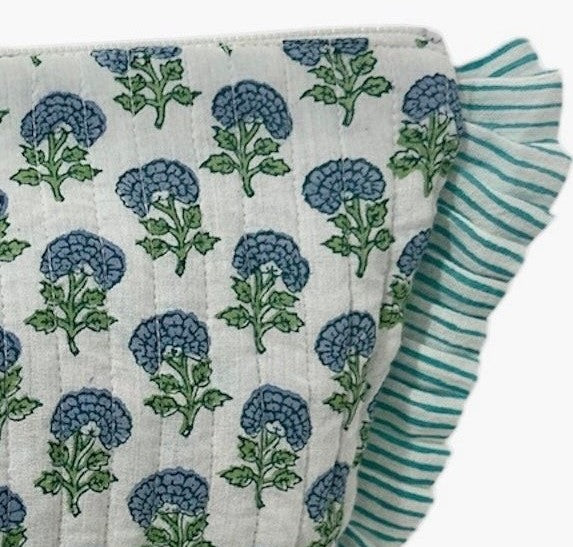 Mer St Barth La Plage Ruffle Pouch Aqua Floral Block Print