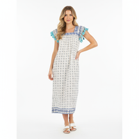 Mer St Barth Maxi Sandrine Women's Dress Navy Aqua Dobby Embroidery
