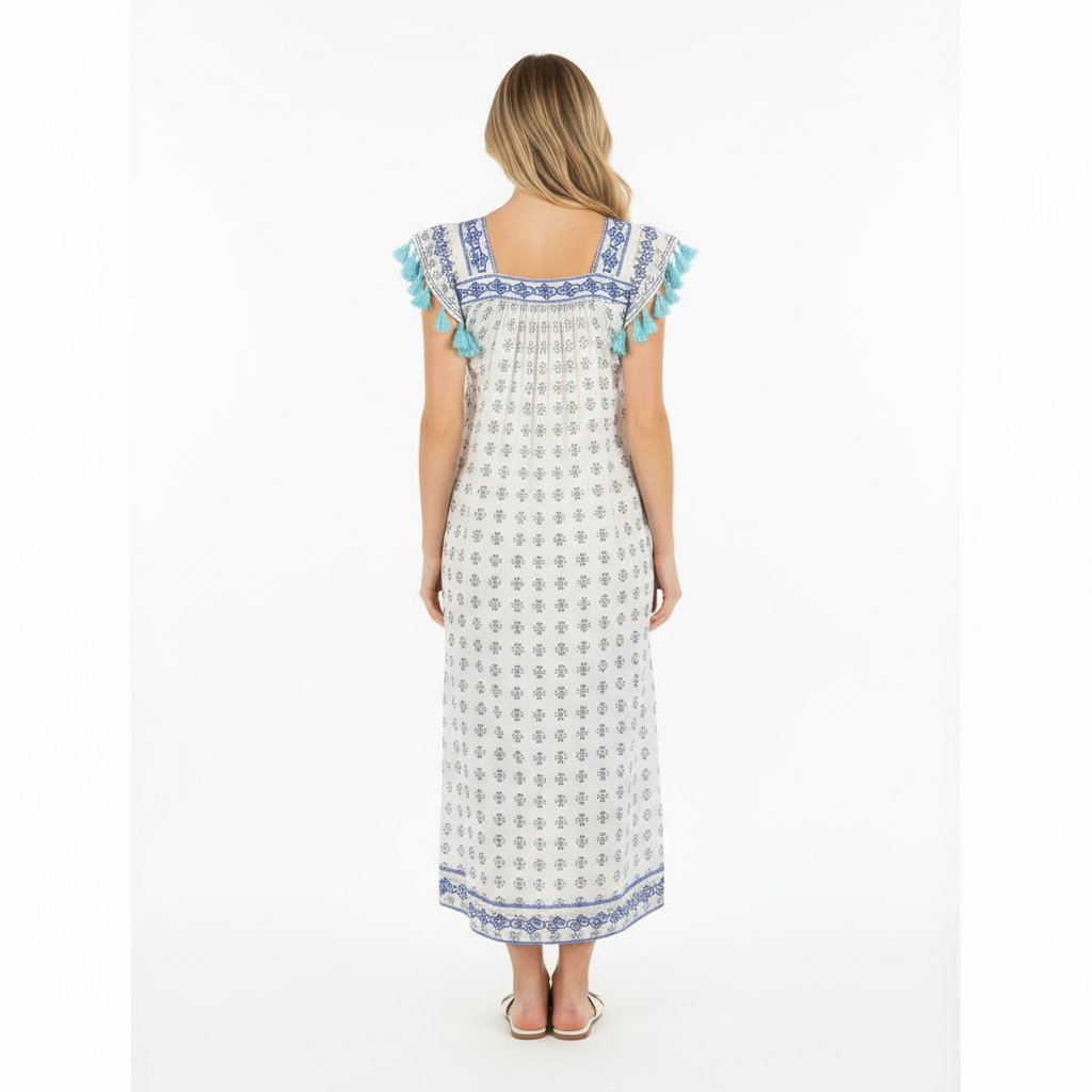 Mer St Barth Maxi Sandrine Women's Dress Navy Aqua Dobby Embroidery